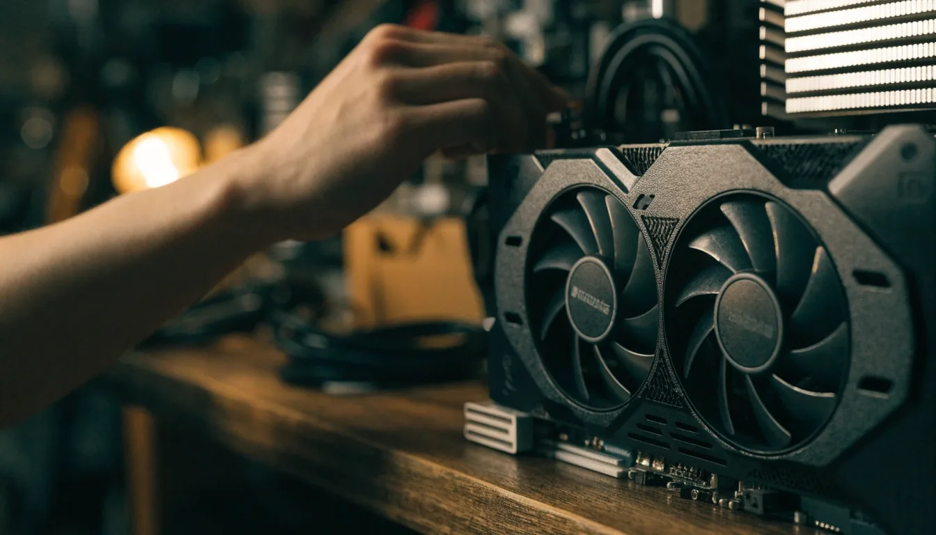 RTX 50 시리즈 그래픽카드를 조립 전 점검하는 매장 작업대