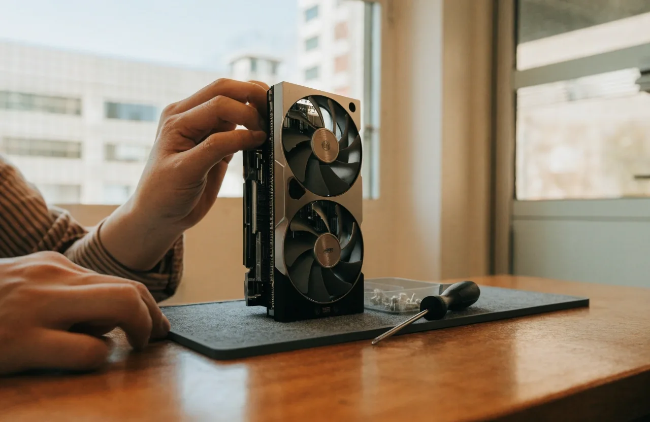 매장 카운터에서 RTX 5060 Ti 16GB 그래픽카드를 점검하는 장면