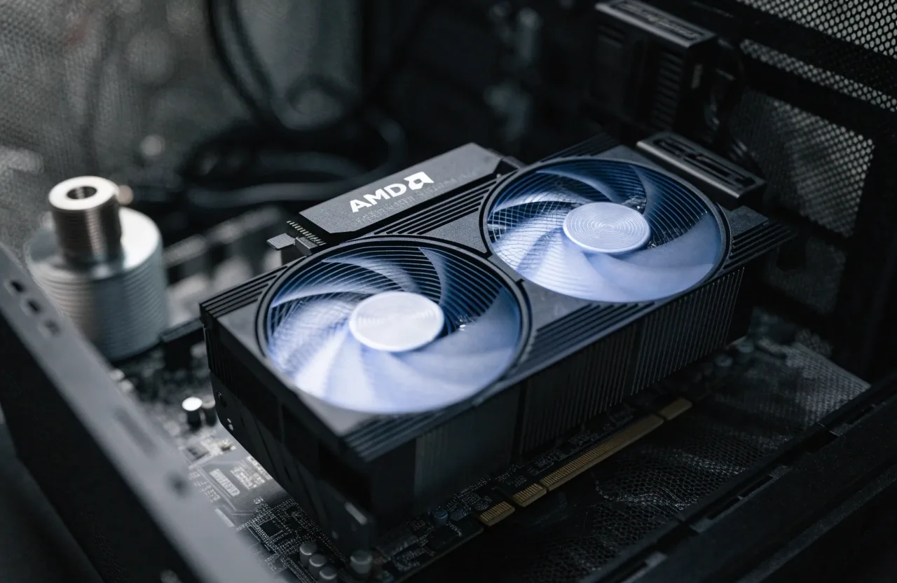 조립 중인 케이스에 장착된 RX 9060 XT 그래픽카드
